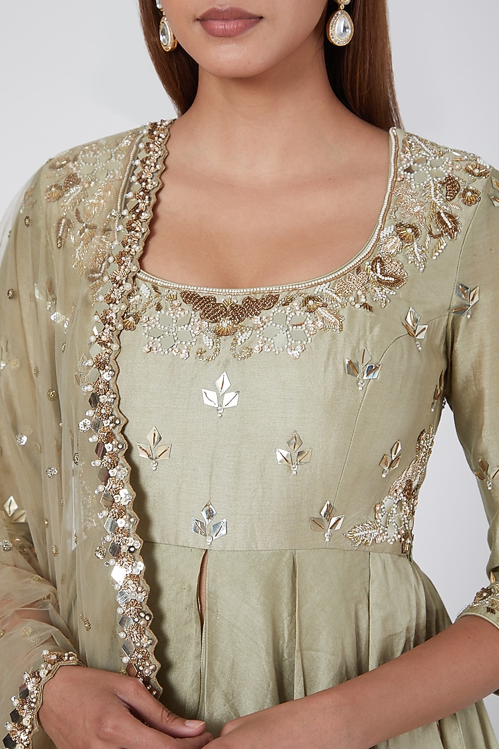 Olive Green Embroidered Skirt Set by Nidhika Shekhar at Pernia's Pop Up Shop