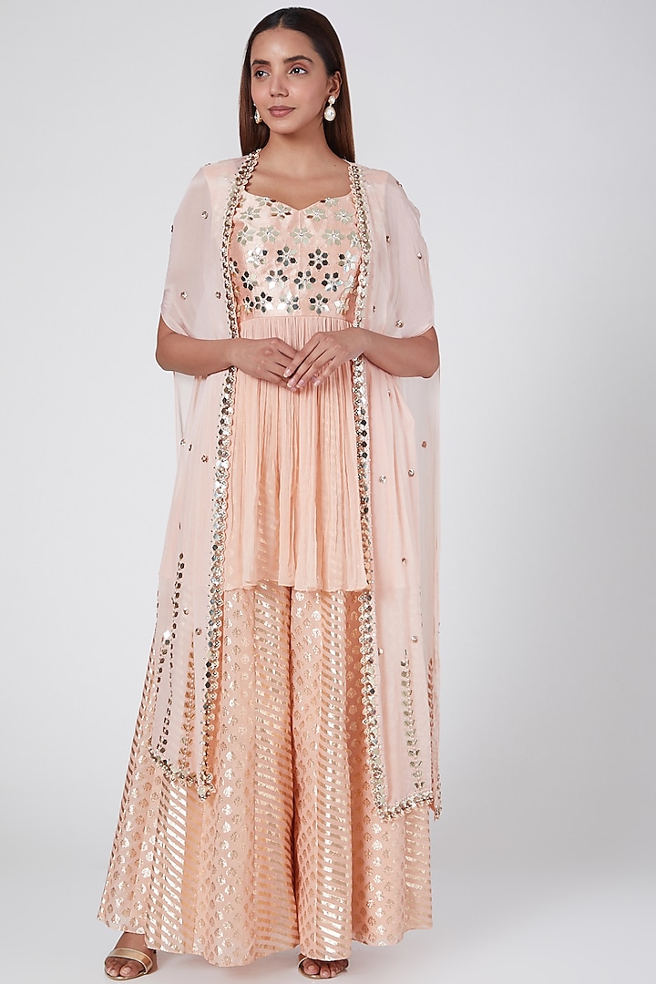 Peach Embroidered Sharara Set by Nidhika Shekhar at Pernia's Pop Up Shop