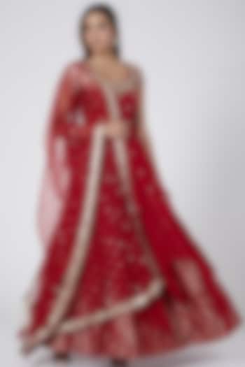 Red Embroidered Skirt Set by Nidhika Shekhar