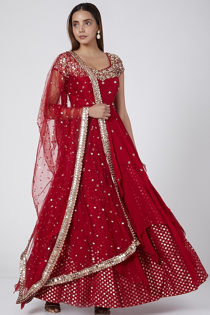 Red Embroidered Skirt Set by Nidhika Shekhar at Pernia's Pop Up Shop