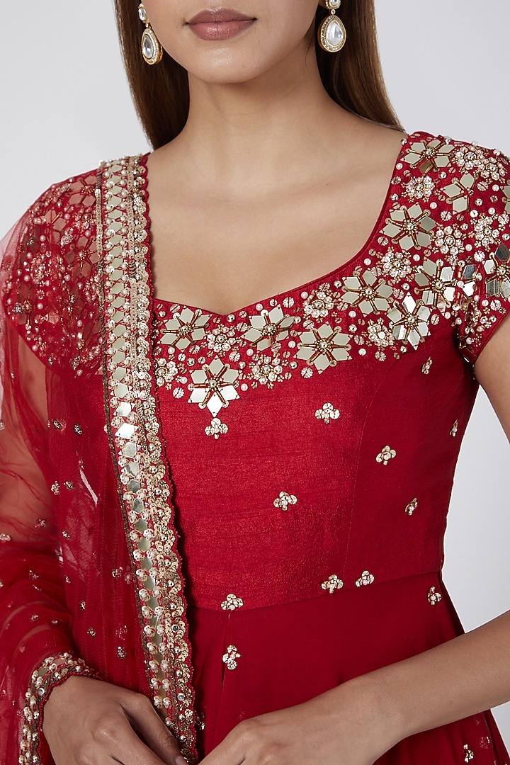 Red Embroidered Skirt Set by Nidhika Shekhar at Pernia's Pop Up Shop