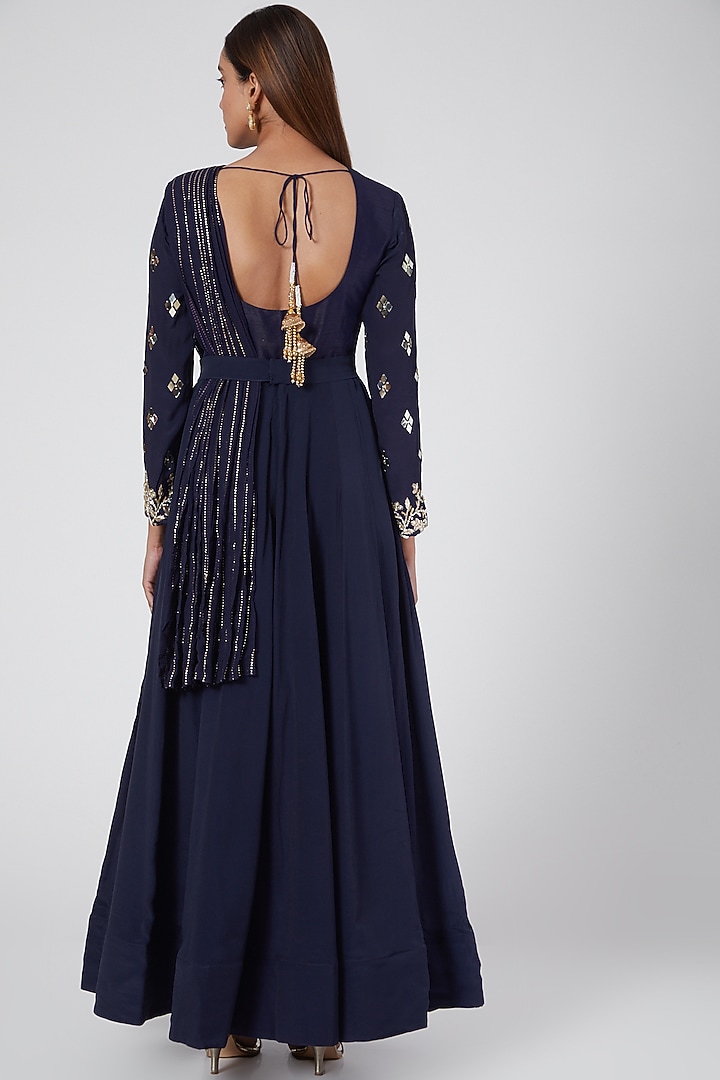 Cobalt Blue Embroidered Draped Wedding Anarkali by Nidhika Shekhar at Pernia's Pop Up Shop