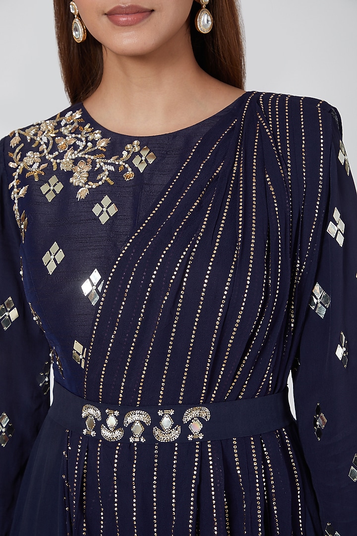 Cobalt Blue Embroidered Draped Wedding Anarkali by Nidhika Shekhar at Pernia's Pop Up Shop