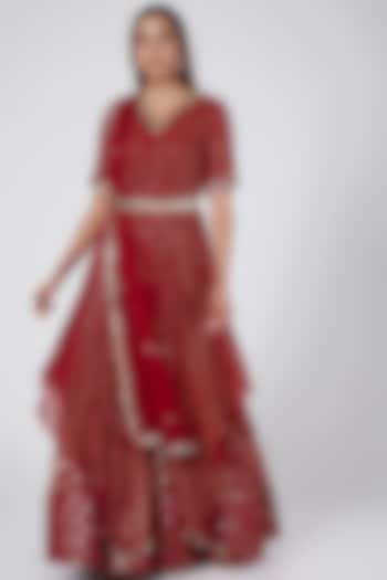 Red Zardosi Embroidered Skirt Set by Nidhika Shekhar