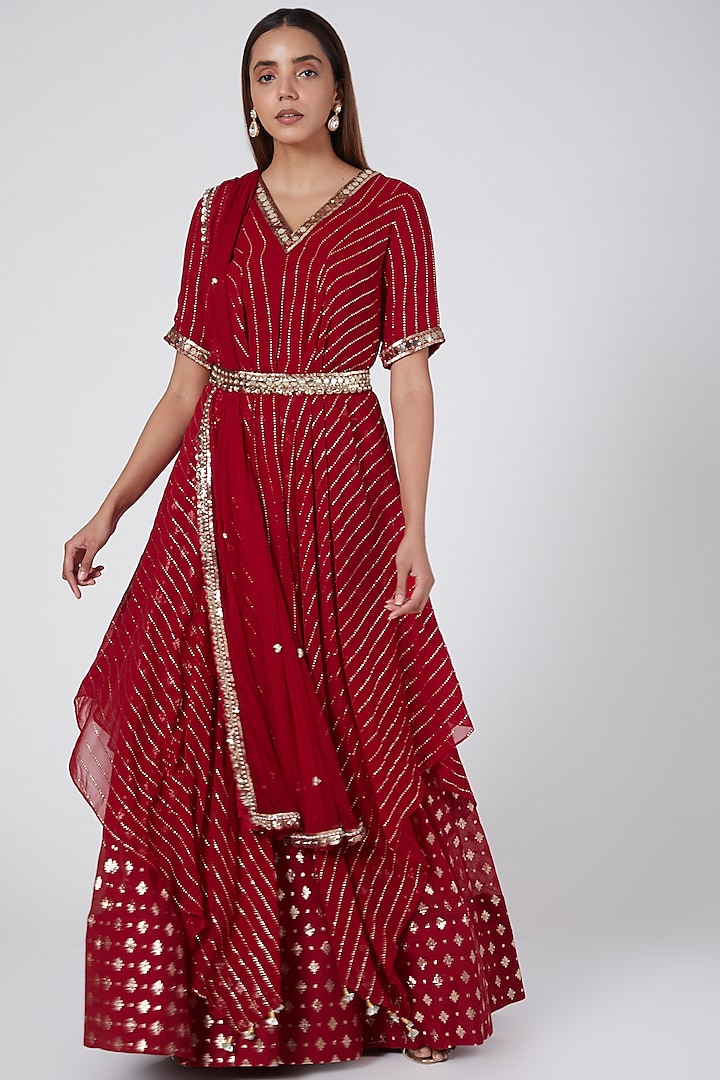 Red Zardosi Embroidered Skirt Set by Nidhika Shekhar