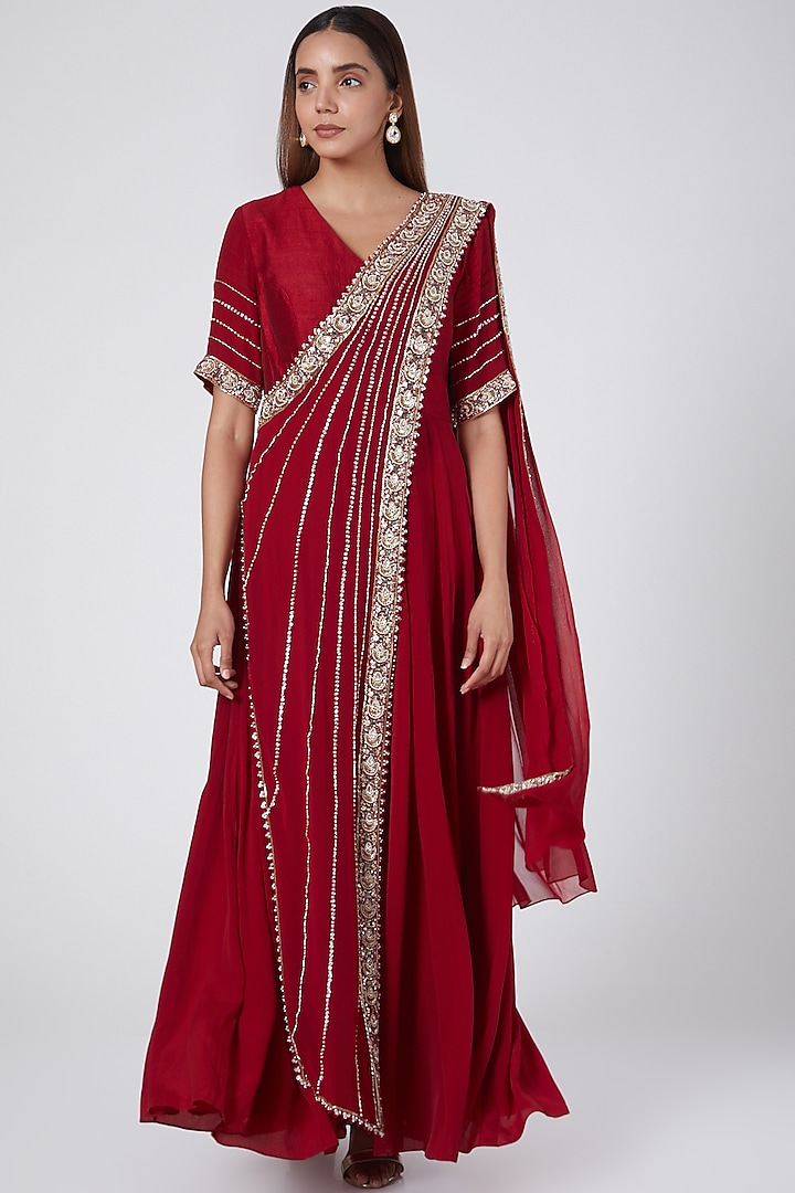 Red Embroidered Draped Anarkali by Nidhika Shekhar