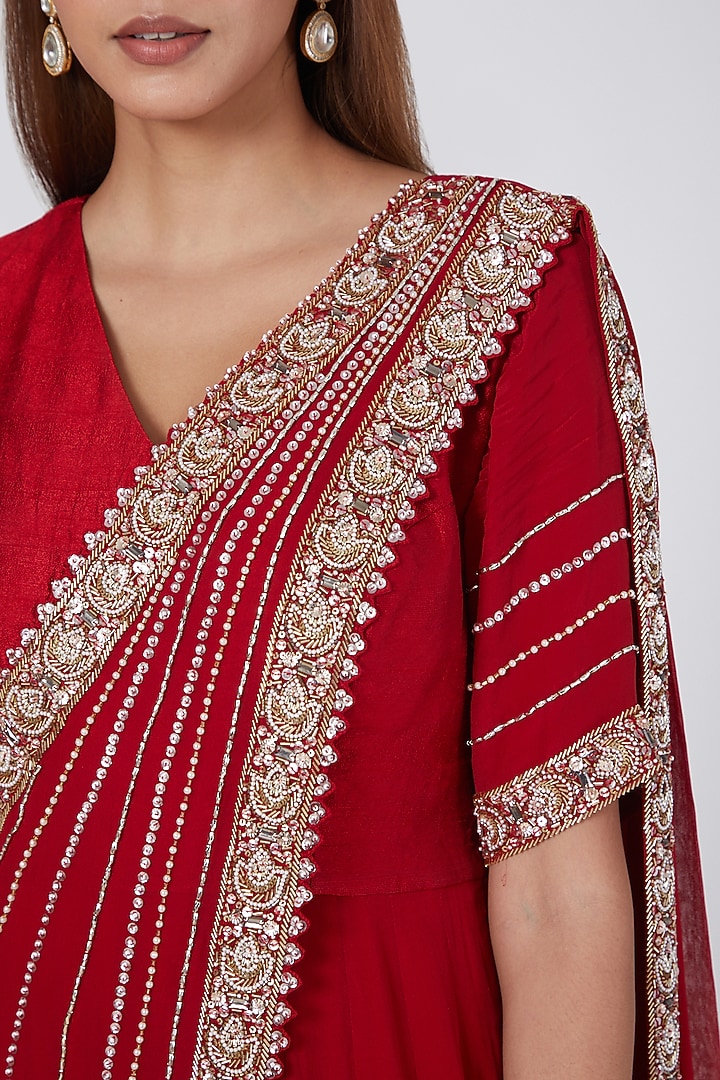 Red Embroidered Draped Wedding Anarkali by Nidhika Shekhar at Pernia's Pop Up Shop