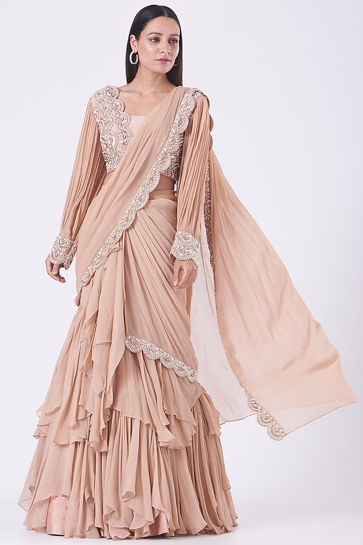 Blush Pink Fish Cut Pre-Draped Wedding Saree Set by Nidhika Shekhar at Pernia's Pop Up Shop