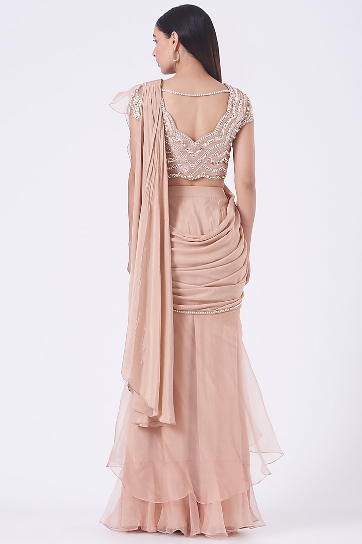 Blush Pink Pre-Draped Ruffled Wedding Saree Set by Nidhika Shekhar at Pernia's Pop Up Shop