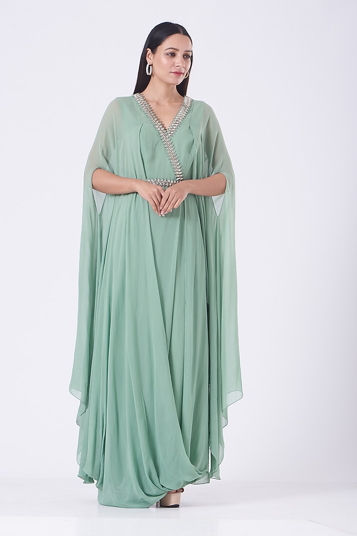 Mint Green Embellished Draped Gown by Nidhika Shekhar