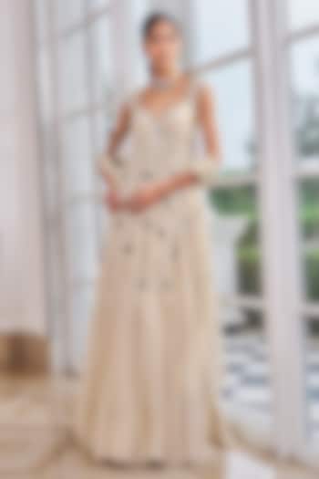 Champagne Georgette & Net Embroidered Bridal Anarkali Set by Nidhika Shekhar at Pernia's Pop Up Shop