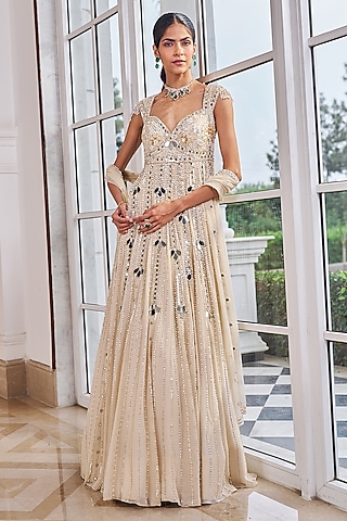 Champagne Georgette & Net Embroidered Anarkali Set by Nidhika Shekhar