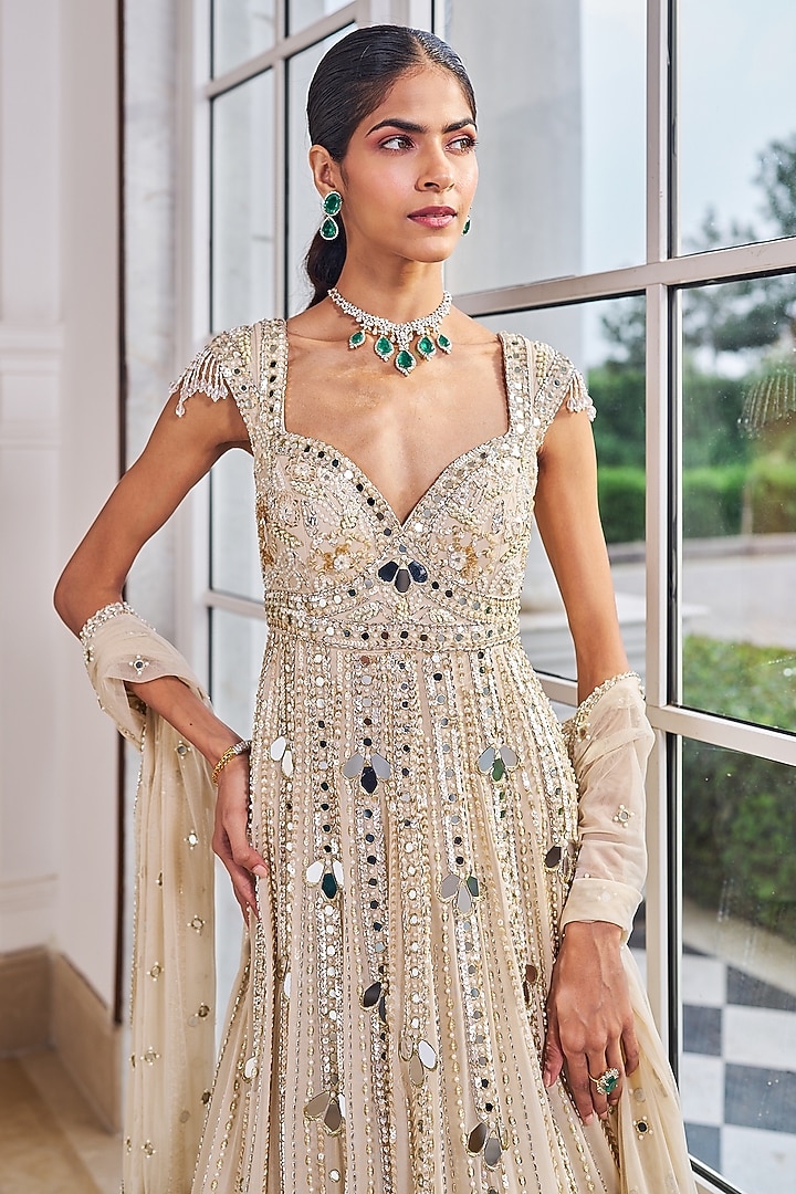 Champagne Georgette & Net Embroidered Bridal Anarkali Set by Nidhika Shekhar at Pernia's Pop Up Shop