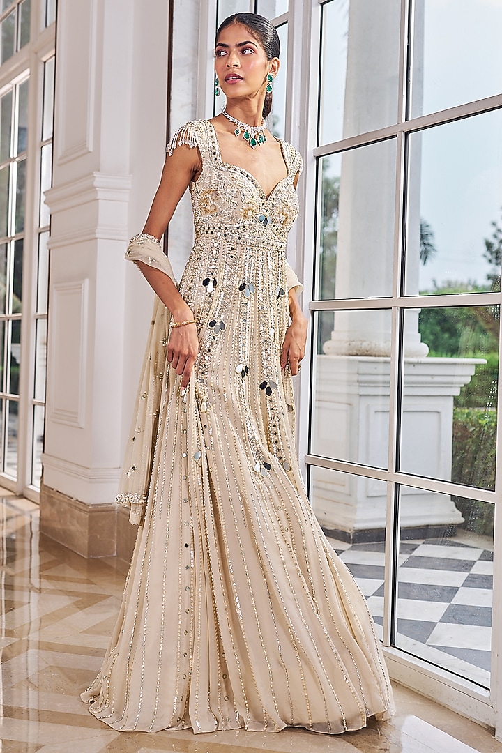 Champagne Georgette & Net Embroidered Bridal Anarkali Set by Nidhika Shekhar at Pernia's Pop Up Shop