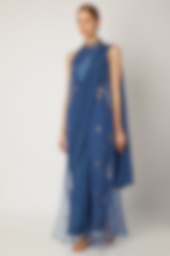 Indigo Blue Embroidered Pre-Stitched Wedding Saree Set by Nidhika Shekhar at Pernia's Pop Up Shop