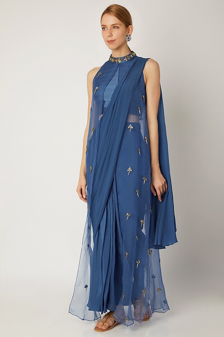 Indigo Blue Embroidered Pre-Stitched Wedding Saree Set by Nidhika Shekhar at Pernia's Pop Up Shop