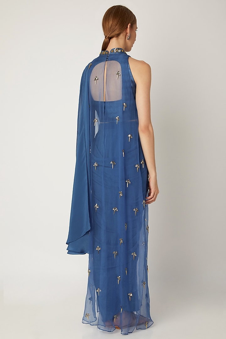Indigo Blue Embroidered Pre-Stitched Wedding Saree Set by Nidhika Shekhar at Pernia's Pop Up Shop