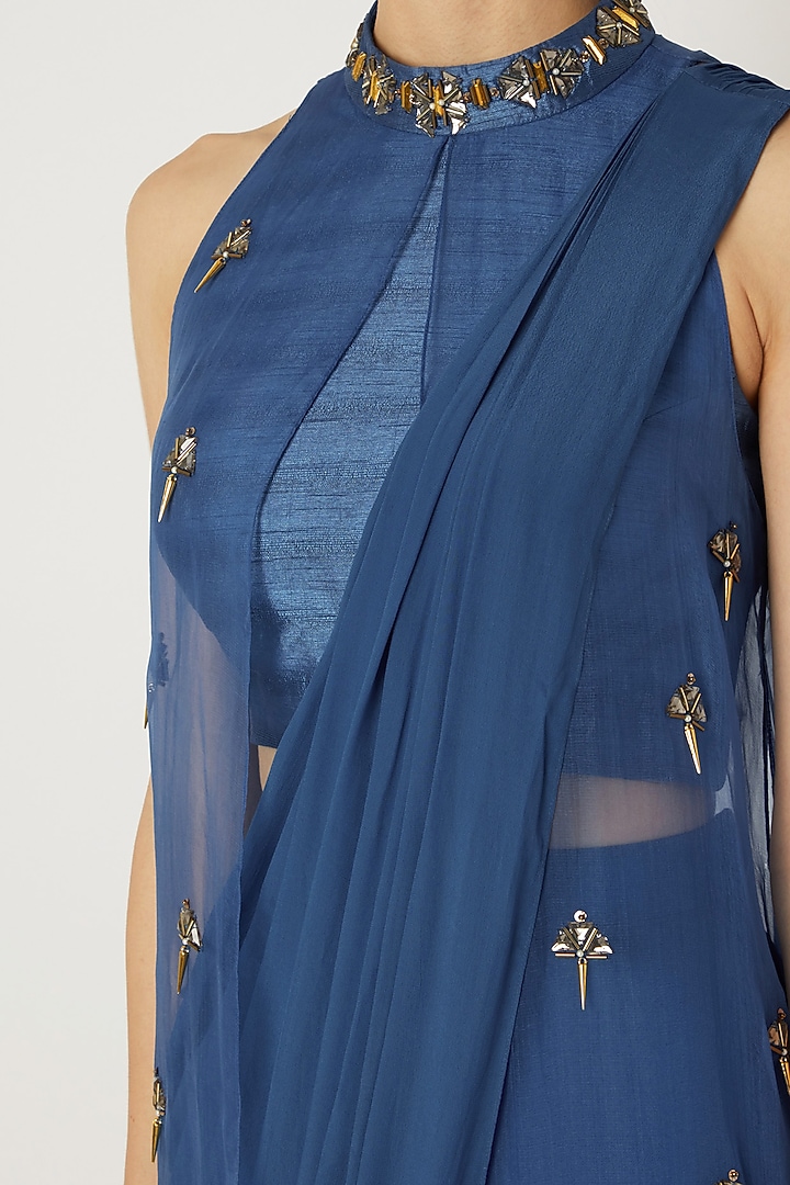 Indigo Blue Embroidered Pre-Stitched Wedding Saree Set by Nidhika Shekhar at Pernia's Pop Up Shop
