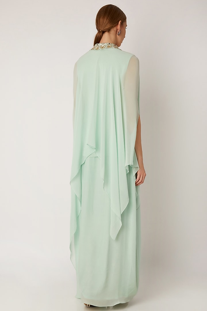 Aqua Green Georgette Zardosi Embroidered Draped Dhoti Style Vacation Dress by Nidhika Shekhar at Pernia's Pop Up Shop