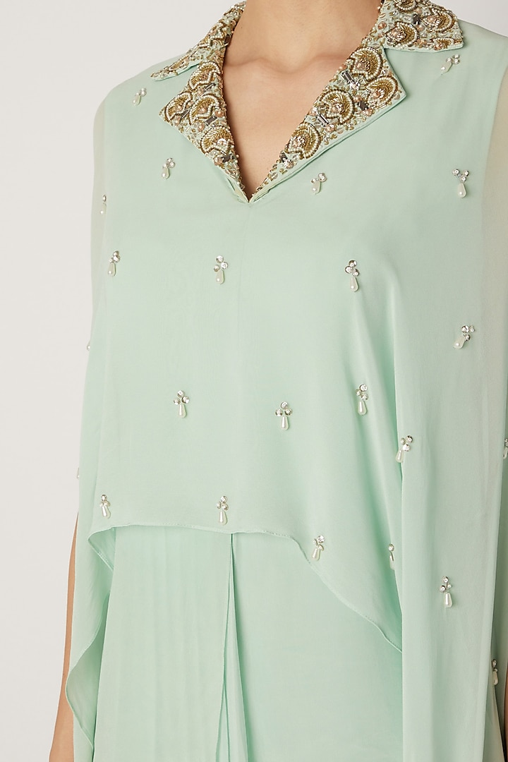 Aqua Green Georgette Zardosi Embroidered Draped Dhoti Style Vacation Dress by Nidhika Shekhar at Pernia's Pop Up Shop