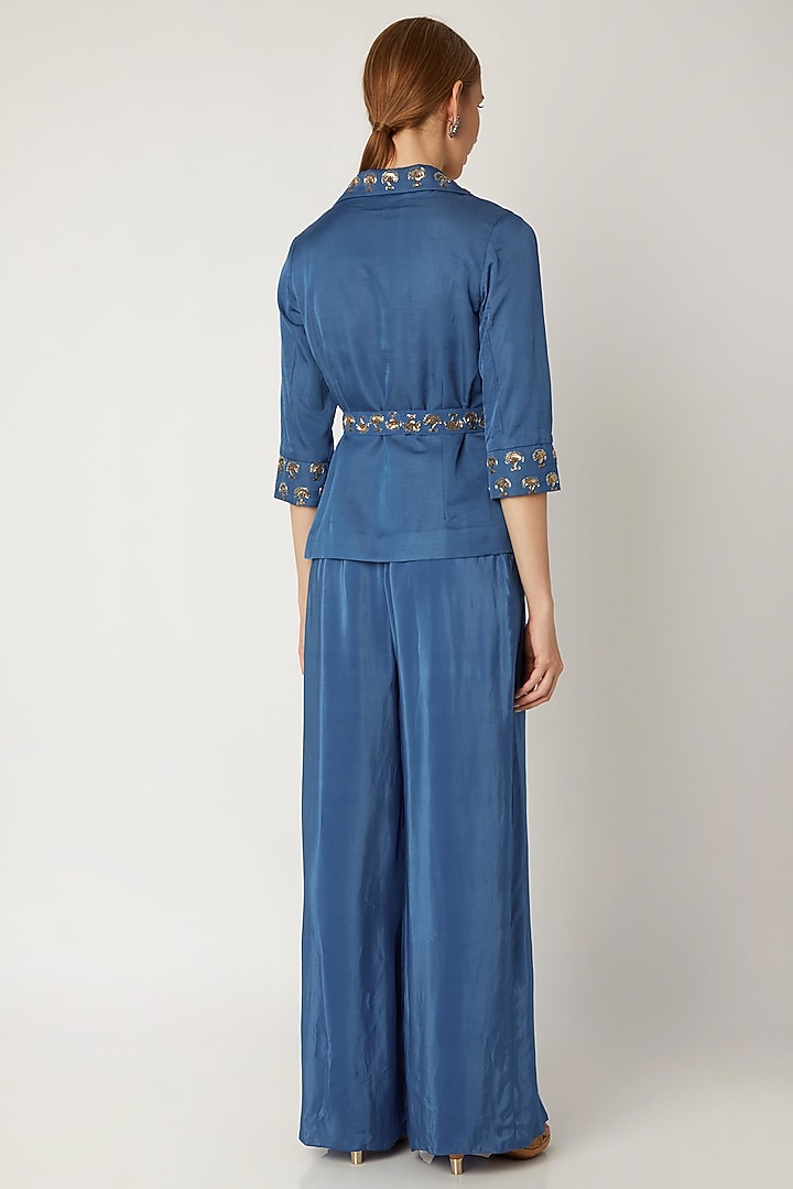 Indigo Blue Jumpsuit With Embroidered Jacket & Belt by Nidhika Shekhar at Pernia's Pop Up Shop