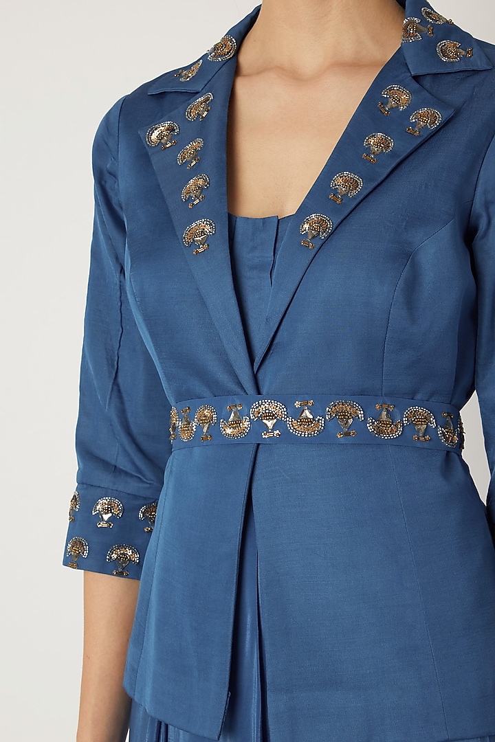 Indigo Blue Jumpsuit With Embroidered Jacket & Belt by Nidhika Shekhar at Pernia's Pop Up Shop