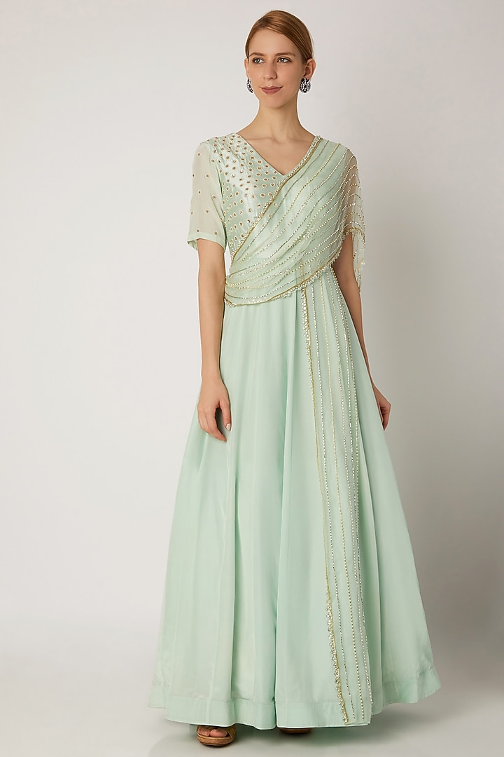 Aqua Green Embroidered Draped Wedding Anarkali by Nidhika Shekhar at Pernia's Pop Up Shop