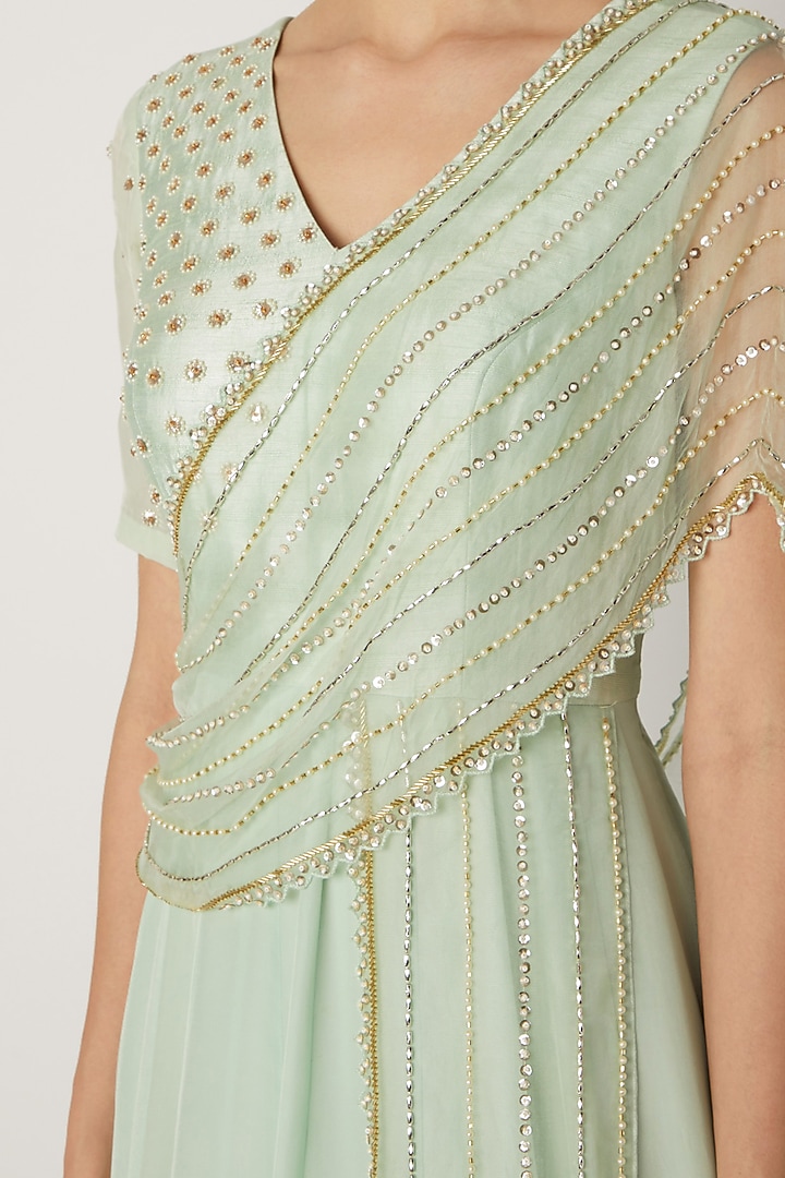 Aqua Green Embroidered Draped Wedding Anarkali by Nidhika Shekhar at Pernia's Pop Up Shop