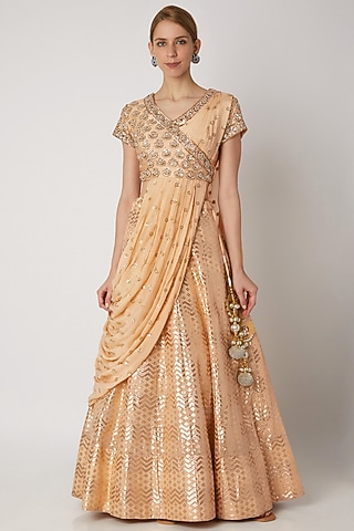 Peach Embroidered Draped Lehenga Set by Nidhika Shekhar