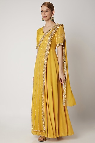 Yellow Embroidered Draped Anarkali by Nidhika Shekhar