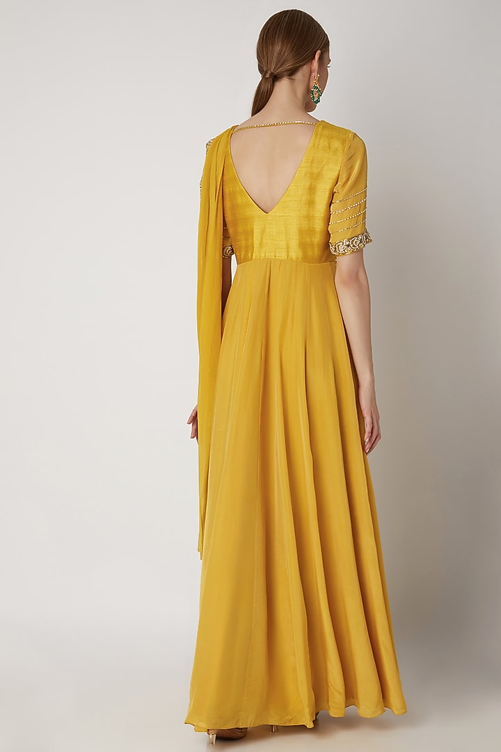 Yellow Embroidered Draped Wedding Anarkali by Nidhika Shekhar at Pernia's Pop Up Shop