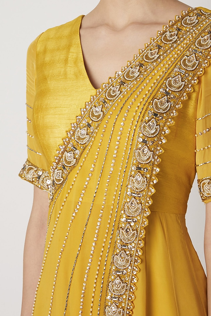 Yellow Embroidered Draped Wedding Anarkali by Nidhika Shekhar at Pernia's Pop Up Shop