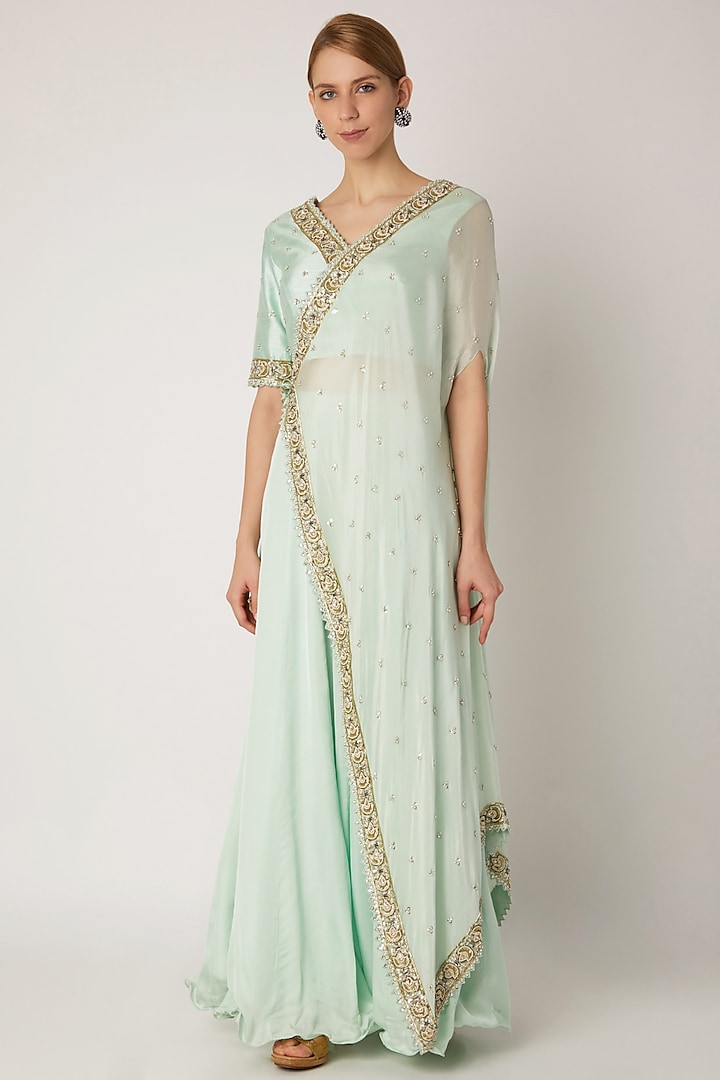 Aqua Green Embroidered Draped Wedding Lehenga Set by Nidhika Shekhar at Pernia's Pop Up Shop