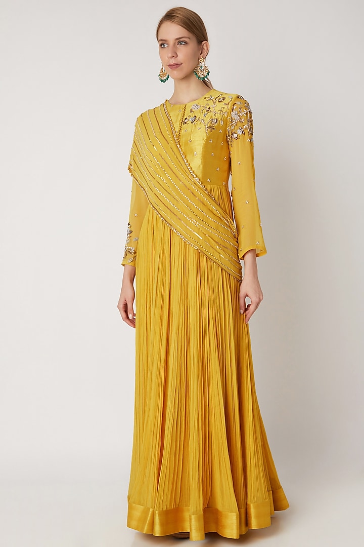 Yellow Embroidered Anarkali With Drape by Nidhika Shekhar