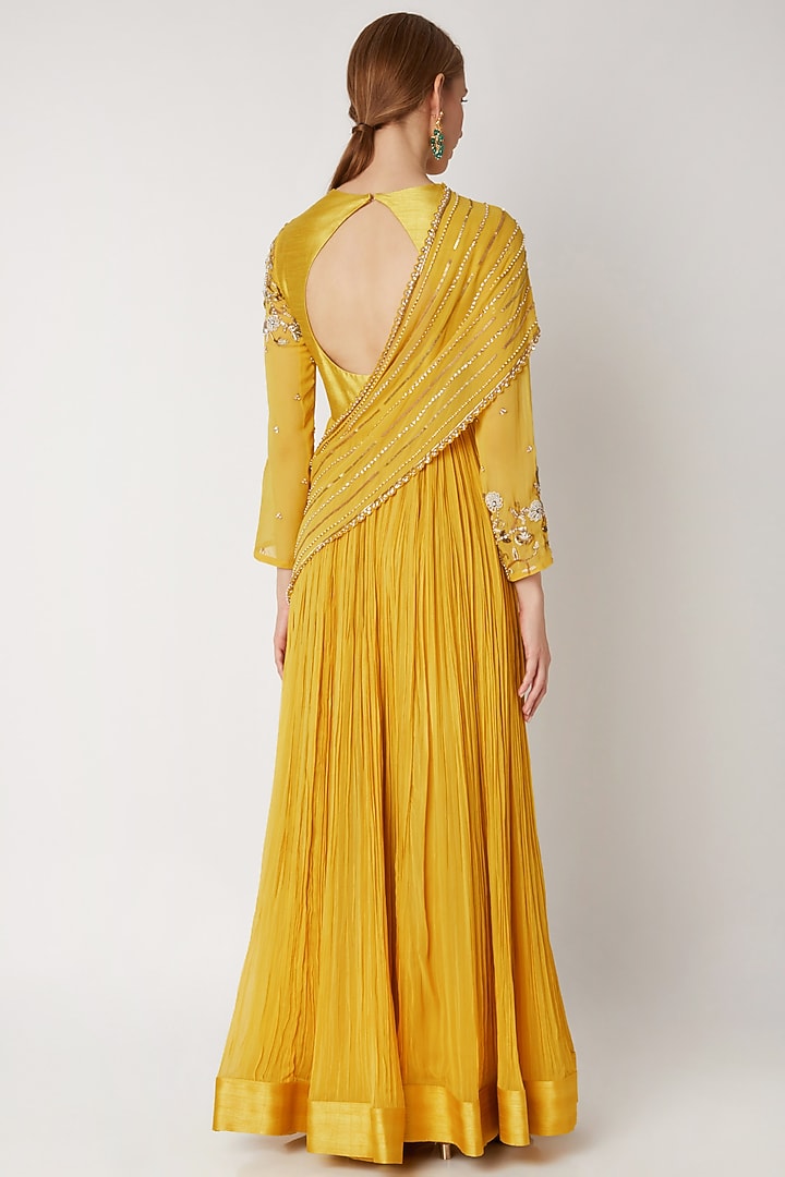 Yellow Embroidered Wedding Anarkali With Drape by Nidhika Shekhar at Pernia's Pop Up Shop