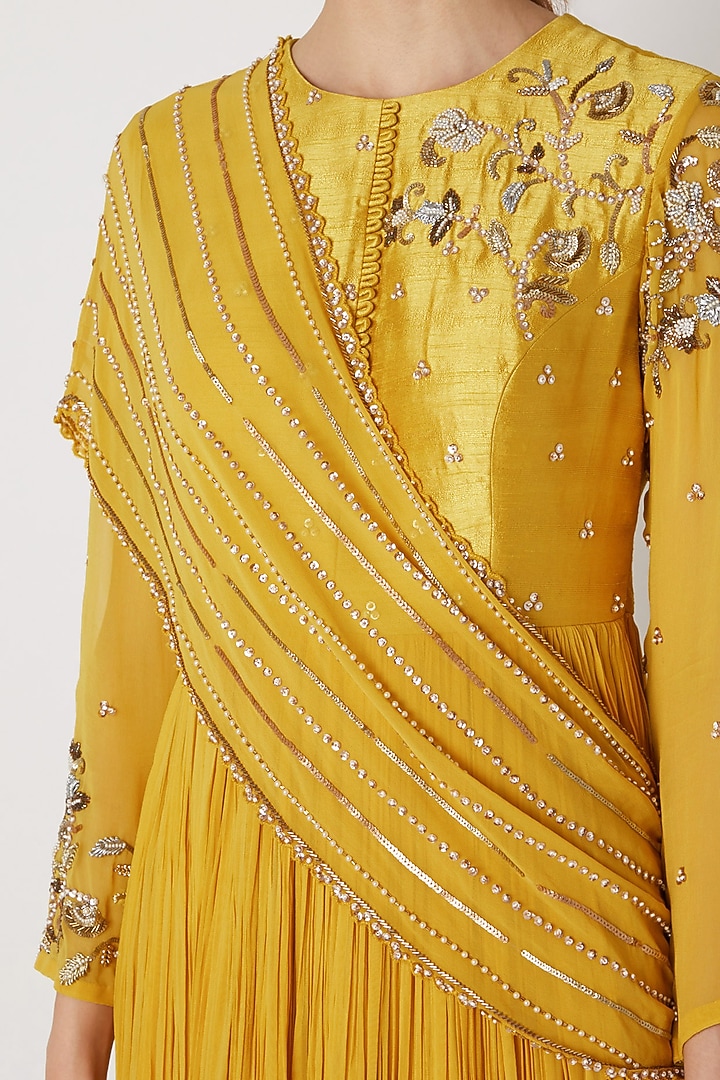 Yellow Embroidered Wedding Anarkali With Drape by Nidhika Shekhar at Pernia's Pop Up Shop