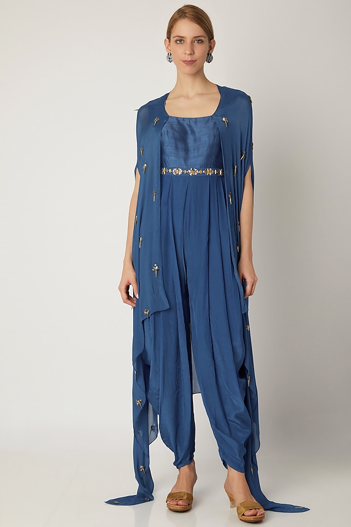 Indigo Blue Embroidered Jumpsuit With Attached Cape by Nidhika Shekhar