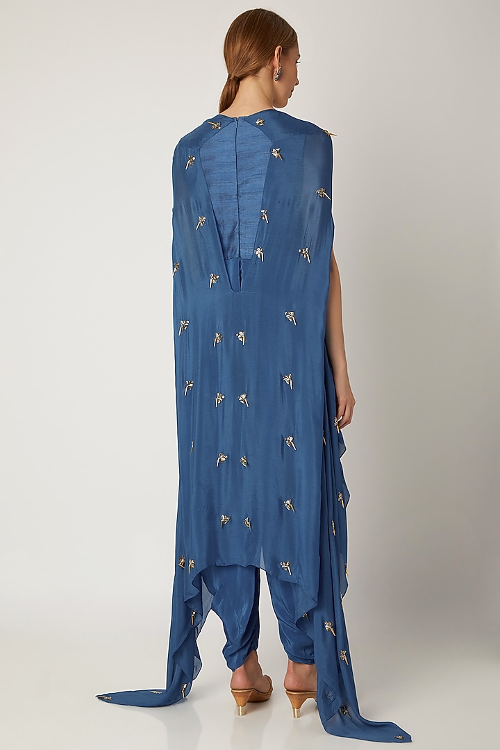Indigo Blue Embroidered Jumpsuit With Attached Cape by Nidhika Shekhar at Pernia's Pop Up Shop