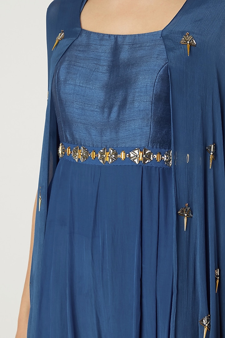 Indigo Blue Embroidered Jumpsuit With Attached Cape by Nidhika Shekhar at Pernia's Pop Up Shop