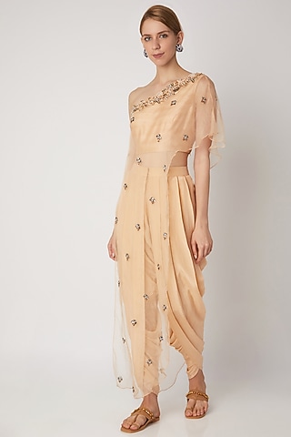 Peach Embroidered Dhoti Set by Nidhika Shekhar