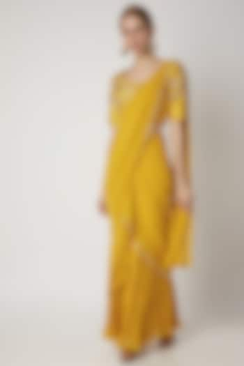 Yellow Embroidered Pre-Stitched Saree Set by Nidhika Shekhar at Pernia's Pop Up Shop