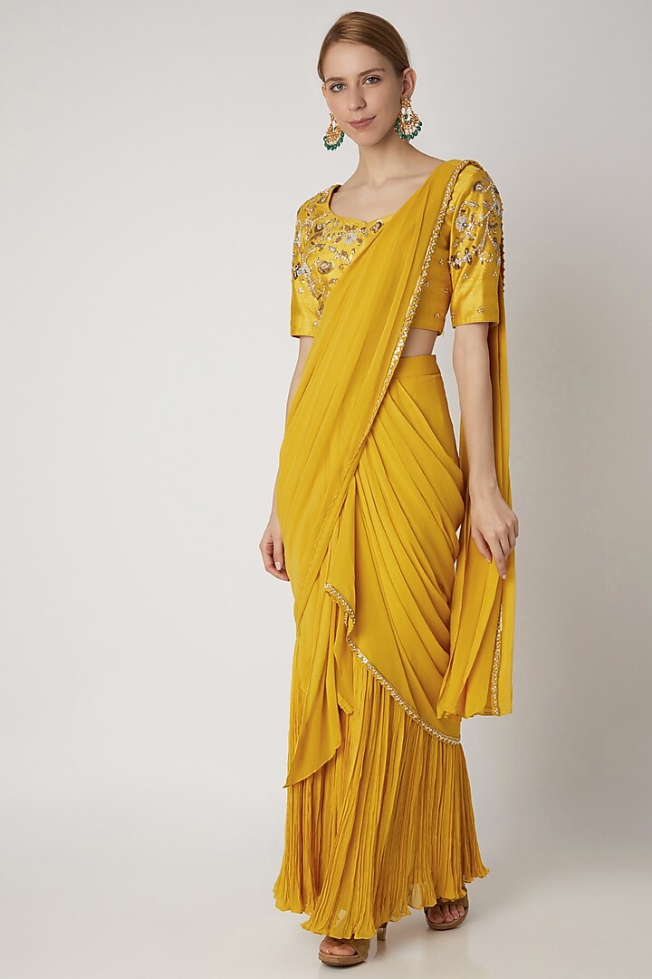 Yellow Embroidered Pre-Stitched Saree Set by Nidhika Shekhar
