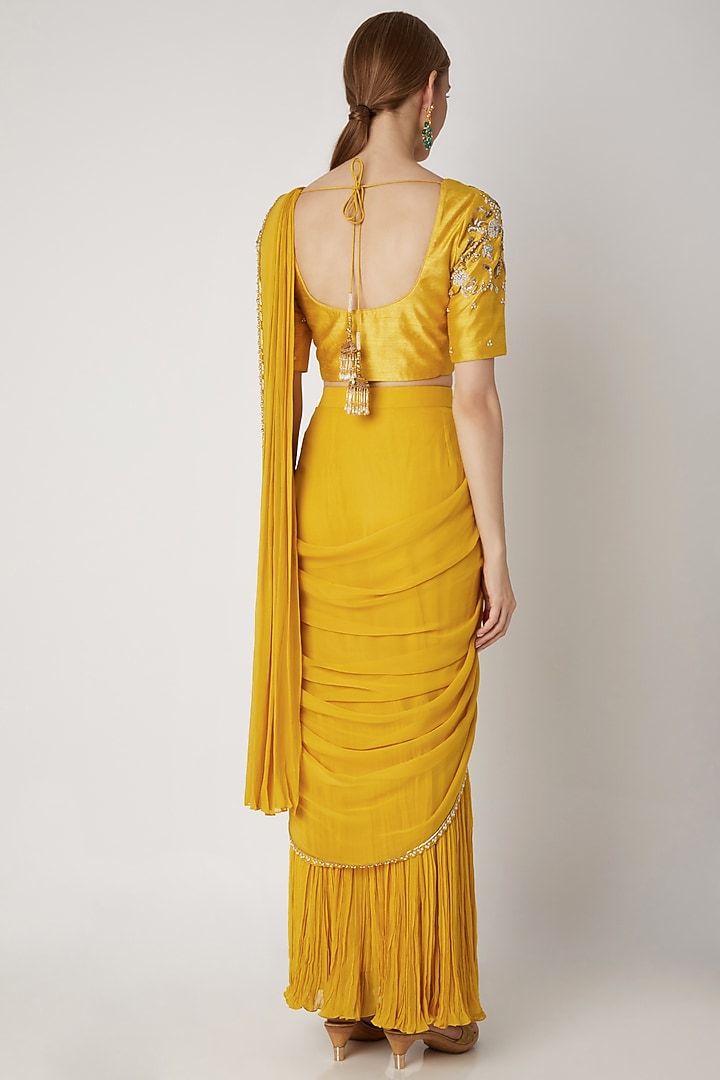 Yellow Embroidered Pre-Stitched Wedding Saree Set by Nidhika Shekhar at Pernia's Pop Up Shop