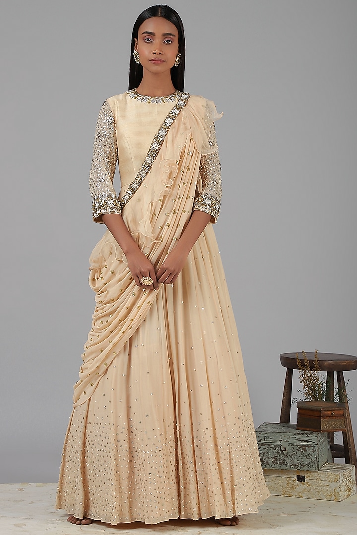 Peach Draped Engagement Gown by Nidhika Shekhar at Pernia's Pop Up Shop