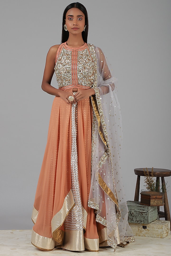 Coral Embroidered Wedding Lehenga Set by Nidhika Shekhar at Pernia's Pop Up Shop