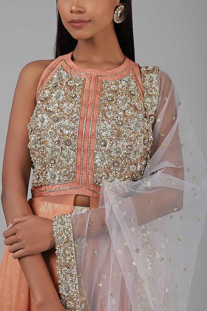 Coral Embroidered Wedding Lehenga Set by Nidhika Shekhar at Pernia's Pop Up Shop