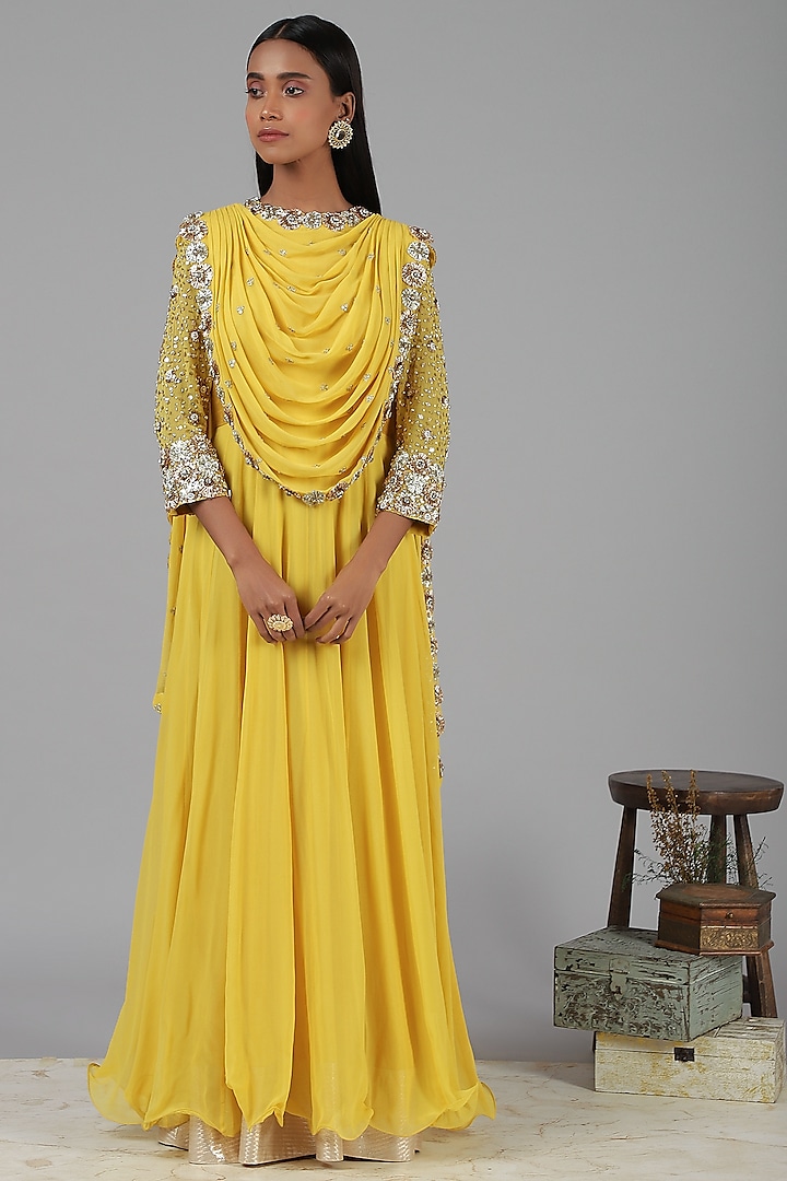 Yellow Embroidered Anarkali Set by Nidhika Shekhar at Pernia's Pop Up Shop