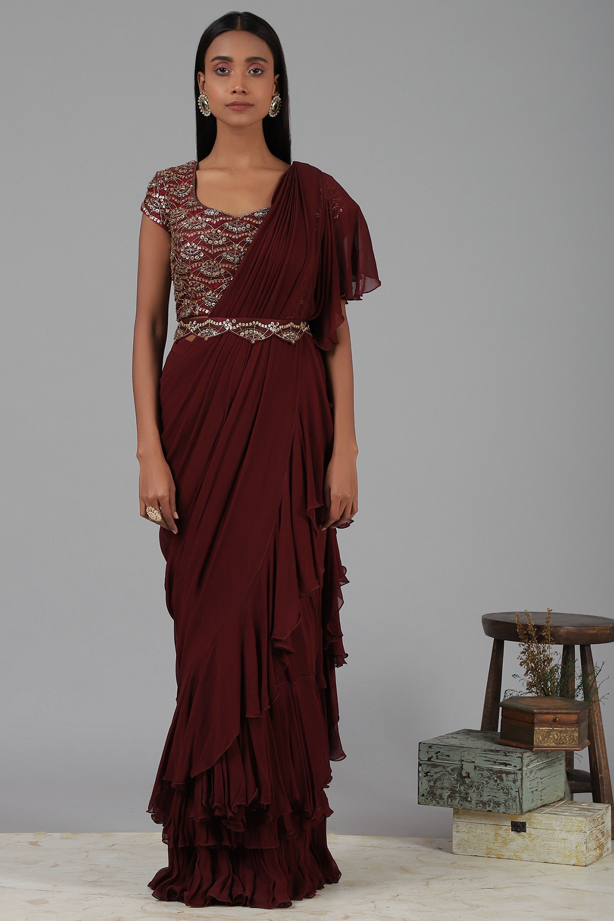 Rashika Sharma Lasha Ruffle Pre-draped Saree With Blouse | Maroon, Mirror  Work, Croma Silk, Sweetheart, Sleeveless | Saree, Buy designer sarees  online, Drape saree