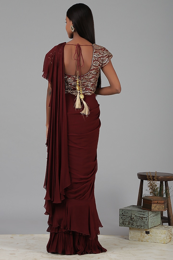 Maroon Ruffled Wedding Saree Set by Nidhika Shekhar at Pernia's Pop Up Shop