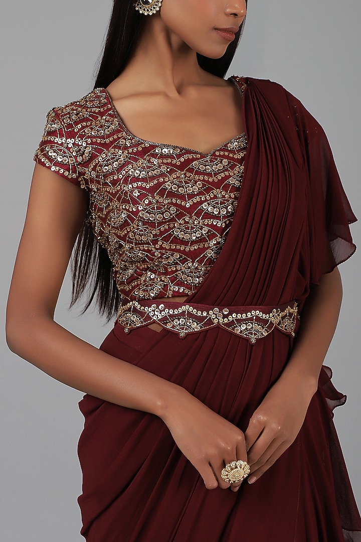 Maroon Ruffled Wedding Saree Set by Nidhika Shekhar at Pernia's Pop Up Shop